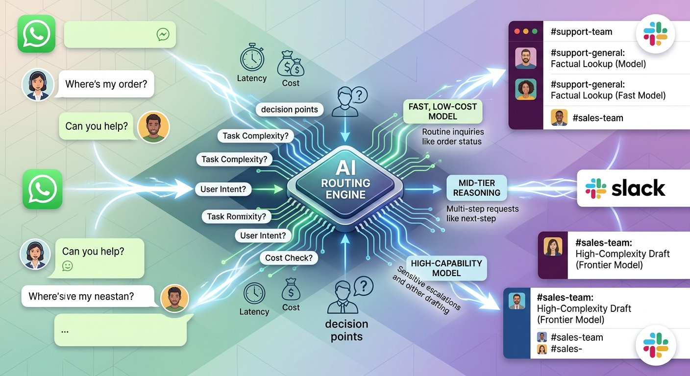 AI automation model routing between WhatsApp and Slack