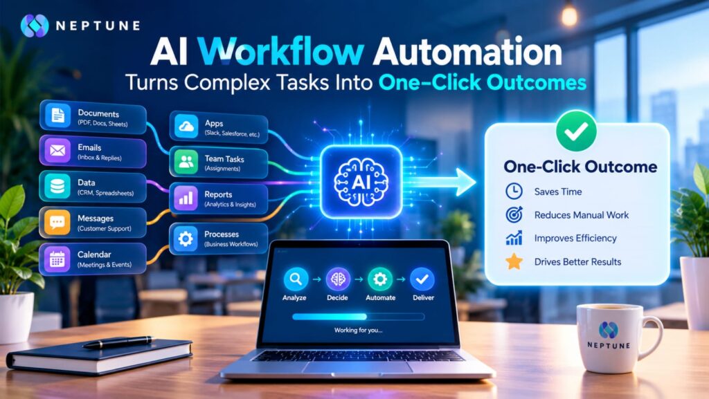 AI workflow automation turning complex tasks into simple one-click outcomes