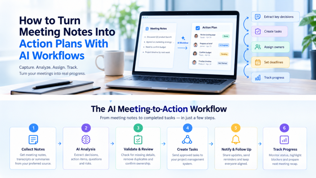AI workflow for turning meeting notes into action plans, assigning tasks, and tracking progress