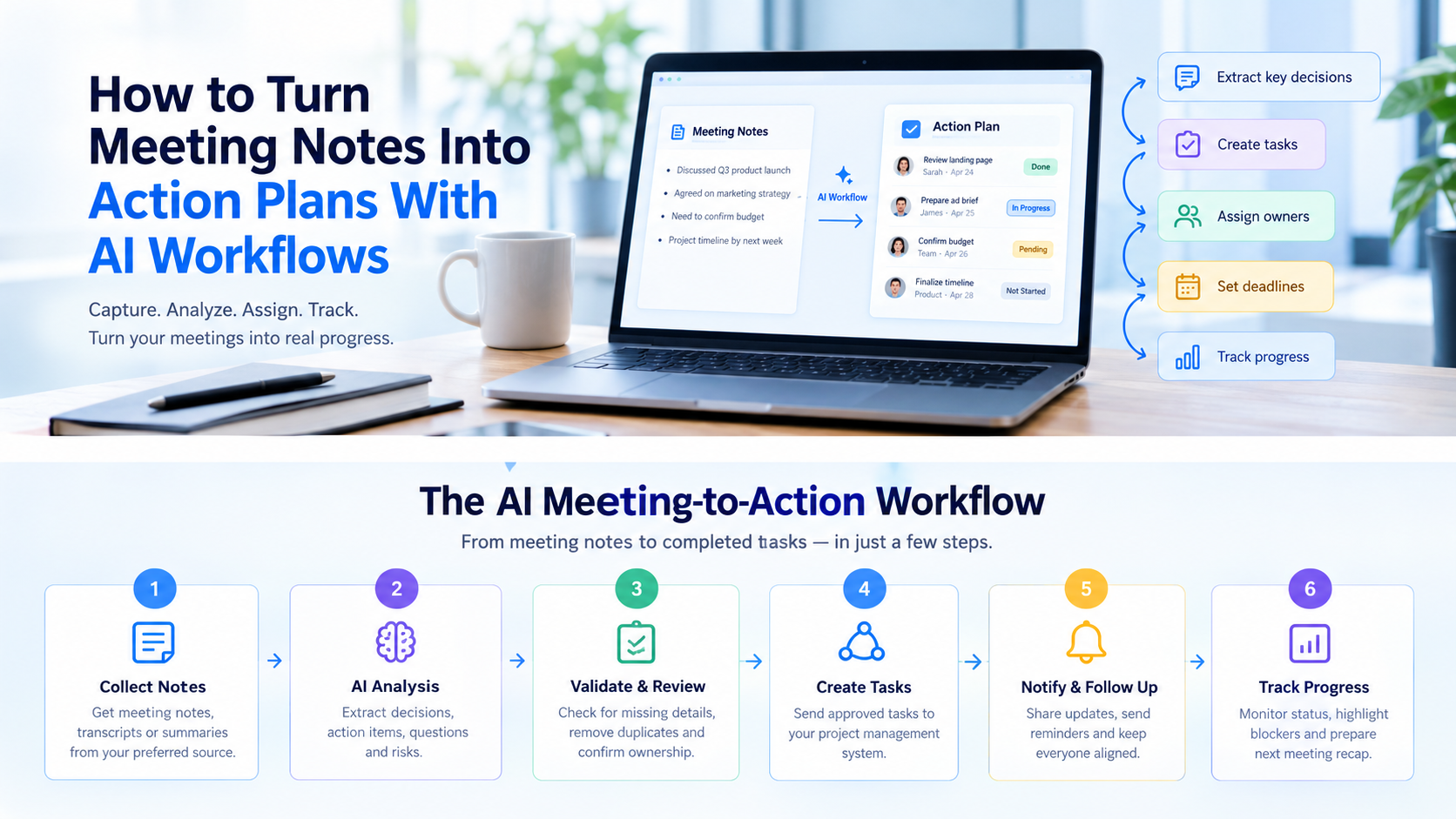 AI workflow for turning meeting notes into action plans, assigning tasks, and tracking progress