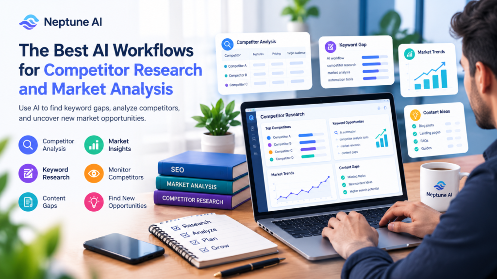 AI-powered competitor research dashboard showing keyword gaps, market trends, competitor analysis, and content opportunities.